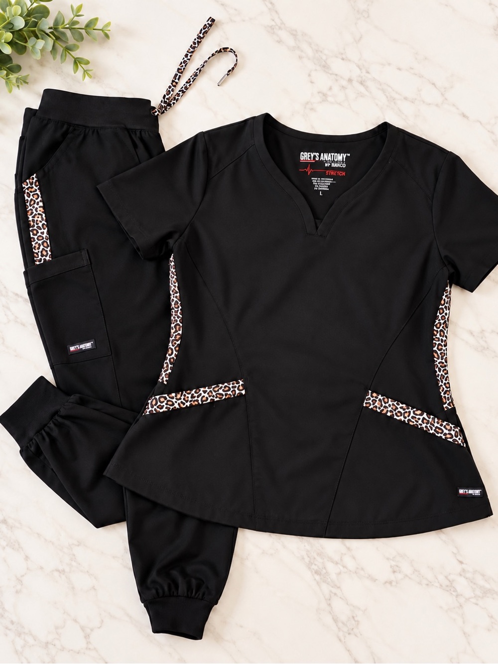 Grey's Anatomy womens Black Scrub Set with Leopard Trim
